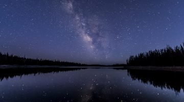 Via Láctea e estrelas refletidas em lago durante chuva de meteoros